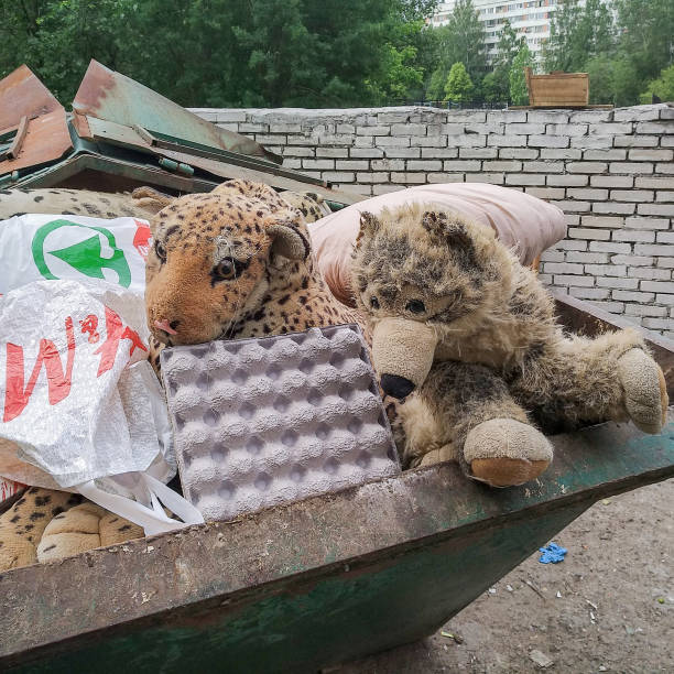 discarded soft toys in a trash can. - tailings container environment pollution imagens e fotografias de stock