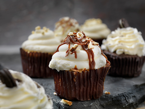Chocolate Buttercream Cupcakes with Walnuts and a Chocolate Drizzle