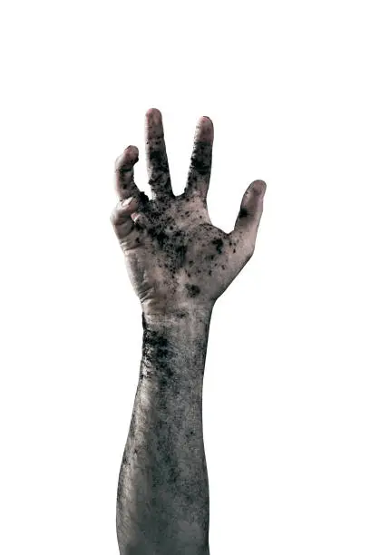 Zombie hand dirty with soil isolated on white background