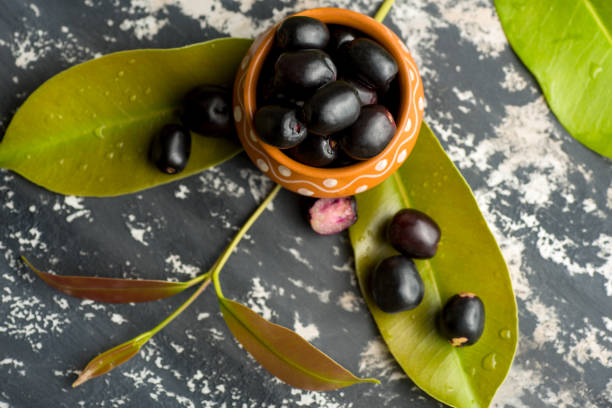 Jambolan plum or jambul or Jamun fruit, Java plum (Syzygium cumini) with leaf on stone textured background. Jambolan plum or jambul or Jamun fruit, Java plum (Syzygium cumini) with leaf on stone textured background. Eugenia Jambolana Extract Market Innovations: Trends and Strategic Opportunities stock pictures, royalty-free photos & images