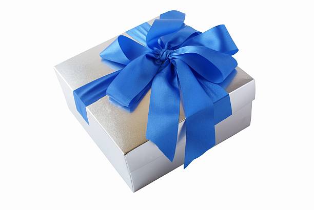 istock gift in silvery box with blue ribbon 118805147