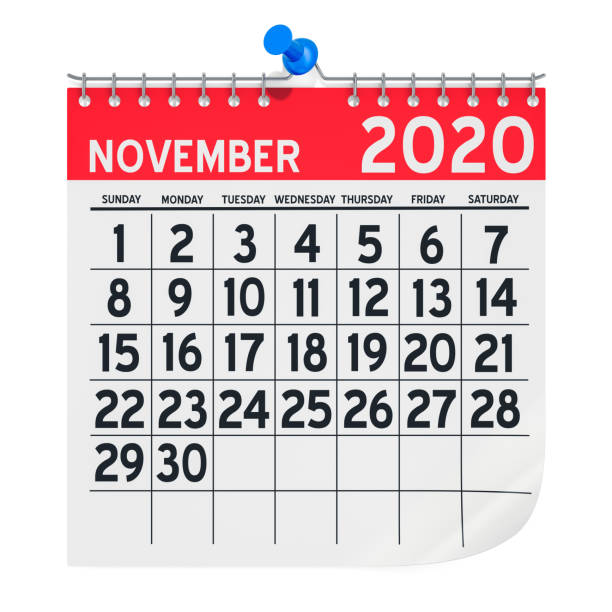 November 2020 Monthly Wall Calendar, 3D rendering isolated on white background