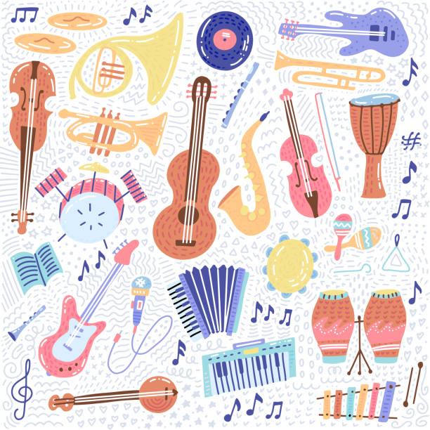 ilustraciones, imágenes clip art, dibujos animados e iconos de stock de big music establece colecciones de iconos de instrumentos musicales y símbolos. elementos conceptuales de sonido de dibujos animados. notas musicales con piano, guitarra, violín, trompeta, batería, saxofón y arpa. vector de garabatodibujado dibujado a  - musical instrument string illustrations