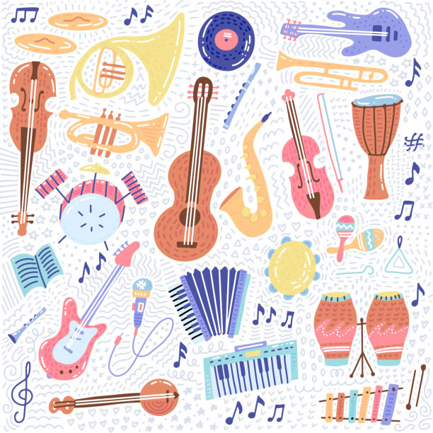 Big Music set musical instrument and symbols icons collections. Cartoon sound concept elements. Music notes with Piano, Guitar, Violin, Trumpet, Drum, Saxophone and Harp. Hand drawn doodle Vector Big Music set musical instrument and symbols icons collections. Cartoon sound concept elements. Music notes with Piano, Guitar, Violin, Trumpet, Drum, Saxophone and Harp. Hand drawn doodle Vector. musical instrument stock illustrations