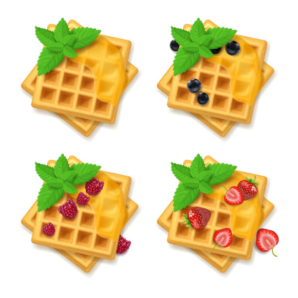 ilustrações, clipart, desenhos animados e ícones de conjunto de waffle belga detalhado detalhado detalhado 3d. vetor - waffle breakfast syrup plate
