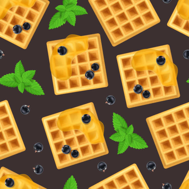realistyczne szczegółowe 3d belgijski wafel i zielone liście peppermint bezszwowy wzór tła. wektor - waffle breakfast syrup plate stock illustrations