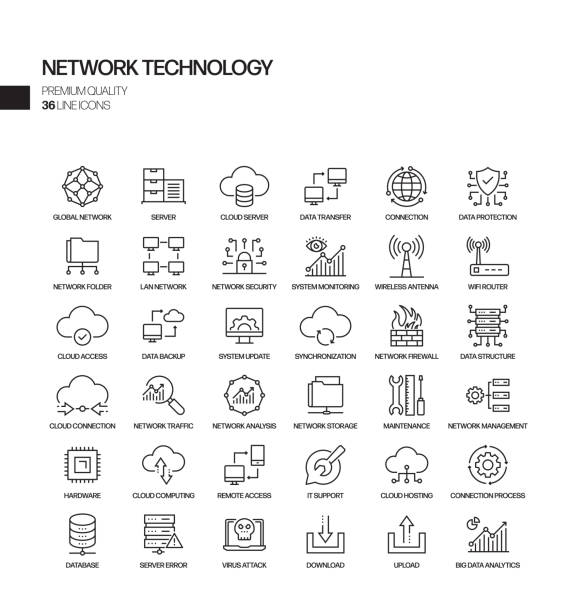 einfache satz von netzwerk-technologie verwandte vektor linie icons. gliederungssymbolsammlung. - computerteil stock-grafiken, -clipart, -cartoons und -symbole