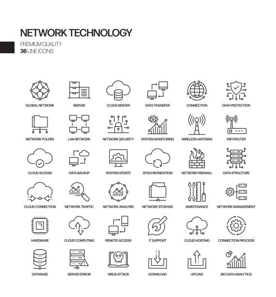 ilustraciones, imágenes clip art, dibujos animados e iconos de stock de conjunto simple de iconos de línea vectorial relacionados con la tecnología de red. colección de símbolos de esquema. - componente de ordenador