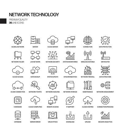 Simple Set of Network Technology Related Vector Line Icons. Outline Symbol Collection.