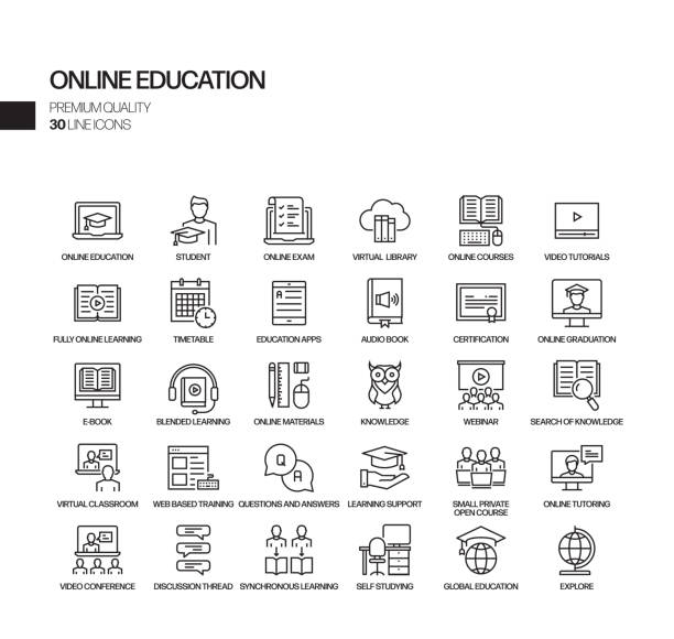 ilustrações, clipart, desenhos animados e ícones de conjunto simples de ícones da linha de vetor relacionado à educação on-line. coleção de símbolos de esboço. - notebook dictionary book contemporary