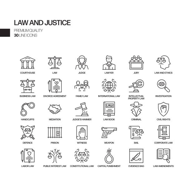 ilustraciones, imágenes clip art, dibujos animados e iconos de stock de conjunto simple de iconos de línea vectorial relacionadas con la ley y la justicia. colección de símbolos de esquema. - lawyer