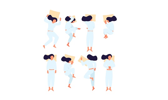 Sleep positions vector illustration. Flat female character in eight different poses for sleeping: soldier, starfish, metal, on stomach, on side. Healthcare concept.