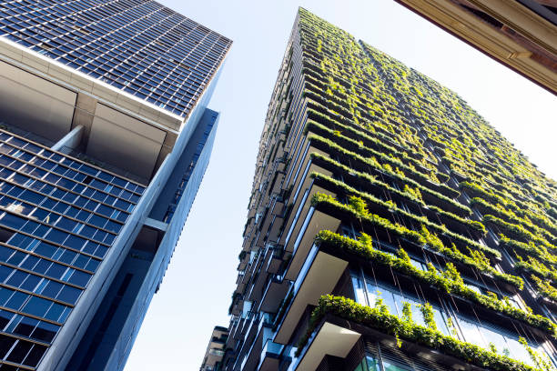 Low angle view of appartment building with vertical garden, background with copy space Low angle view of apartment building with vertical garden, sky background with copy space, Green wall-BioWall or living wall is a wall covered with living plants on residential tower in sunny day, Sydney Australia, full frame horizontal composition green building photos stock pictures, royalty-free photos & images