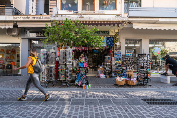 Chania, Creete, Greece - October 15, 2019: Cretan gift shop on tourist shopping street in the old town Chania.