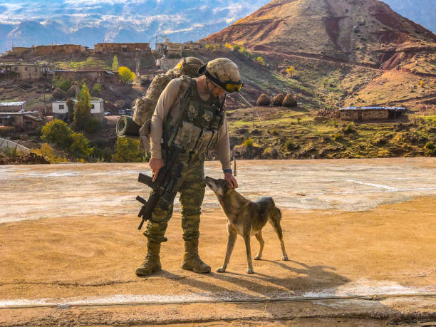 dog loving soldier standing