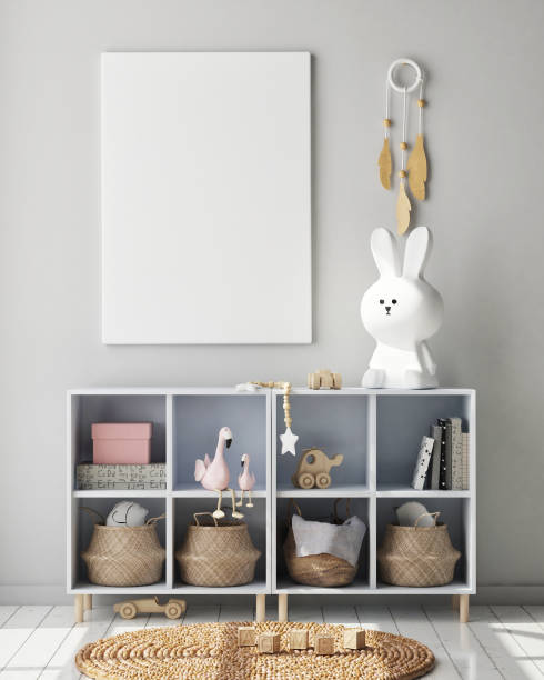 istock mock up poster frames in children's bedroom, Scandinavian style interior background, 3D render 1188068598