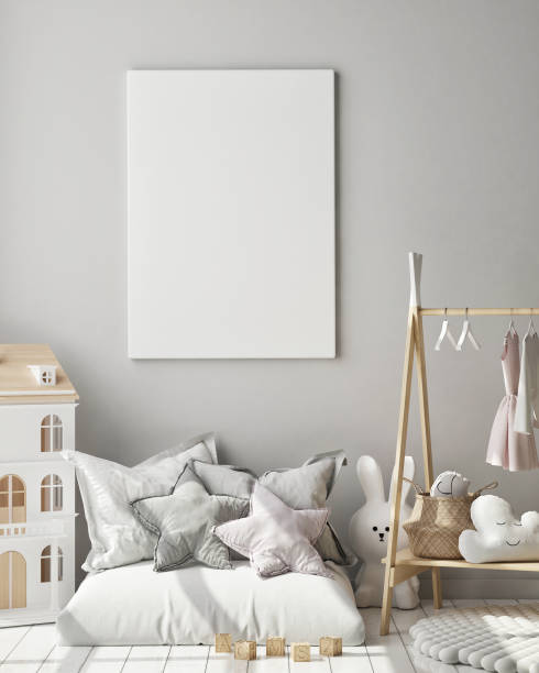 mock up poster frames in children's bedroom, Scandinavian style interior background, 3D render