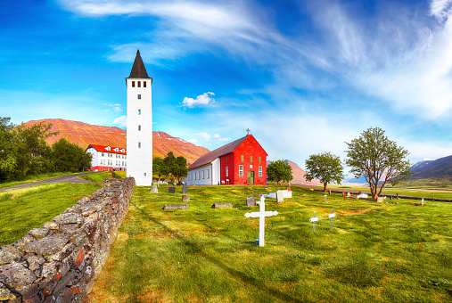 Fantastic view of Holar cathedral in Iceland. Location: Holar city, Hjaltadalur valley, North-Iceland, Europe