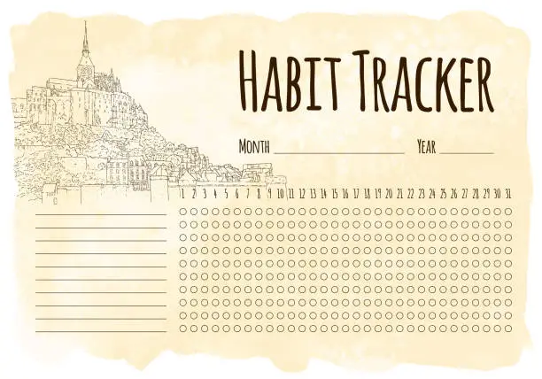 Vector illustration of Habit tracker. City sketching. Line art silhouette. Travel card. Tourism concept. France, Mont Saint-Michel. Vector illustration.