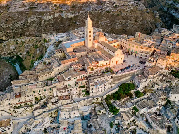 Aerial view of the ancient town of Matera (Sassi di Matera) and Matera Cathedral in Basilicata region, southern Italy