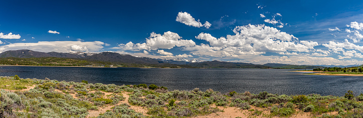 A shoreline view of Lake Granby on the western end of Rocky Mountain National Park at Grand Lake Colorado.