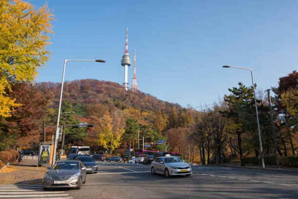 Seoul, Korea - November 16th 2019 : Beautiful Autumn afternoon in Seoul Namsan park, cars driving on the Sowol-gil in Seoul Korea. 서울 남산 소월길