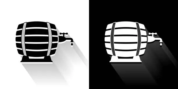 Vector illustration of Wooden Beer Barrel Black and White Icon with Long Shadow