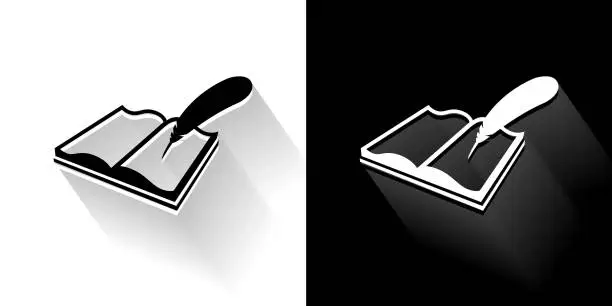 Vector illustration of Open Book and Quill Pen Black and White Icon with Long Shadow