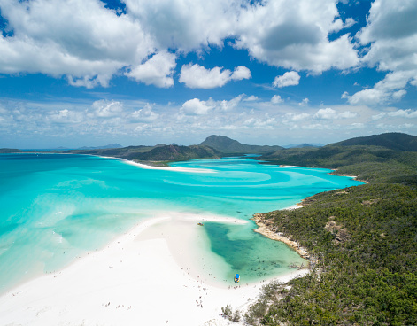 Aerial panorama of the famous Whitsunday Islands. Hill Inlet Viewpoint. The typical tourist motorboats on this incredible white sand beach. Converted from RAW.