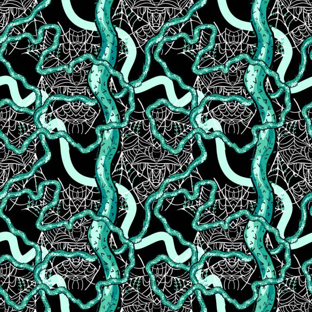 Vector illustration of Cartoon seamless pattern with thorn branches and cobweb. Spooky background.