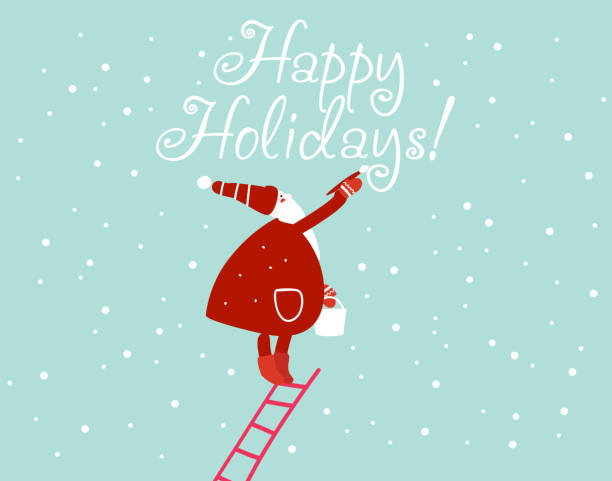 stockillustraties, clipart, cartoons en iconen met grappige kerstman schrijven "happy holidays" met schilderij borstel op de hemel - xmas tree
