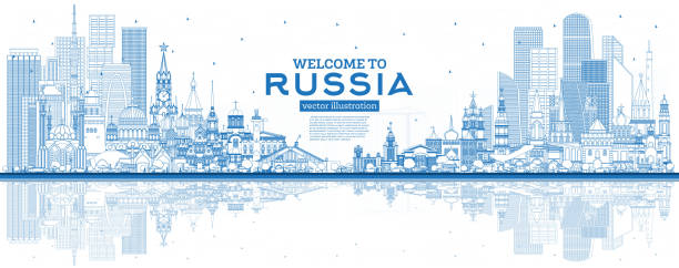 Outline Welcome to Russia Skyline with Blue Buildings. Outline Welcome to Russia Skyline with Blue Buildings. Vector Illustration. Tourism Concept with Historic Architecture. Russia Cityscape with Landmarks. Moscow. Saint Petersburg. Kazan. Sochi. mordovia stock illustrations
