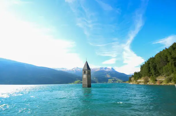 Submerged Bell tower in Curon Venosta,  Bolzano, Trentino Alto Adige / South Tyrol, Italy