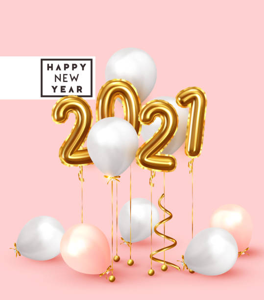 istock Happy New Year 2021. Background realistic golden balloons. Decorative design elements. Object render 3d ballon with ribbon. Celebrate party Poster, banner, greeting card. Festive Vector illustration. 1188135664