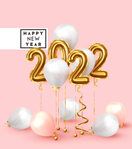 istock Happy New Year 2022. Background realistic golden balloons. Decorative design elements. Object render 3d ballon with ribbon. Celebrate party Poster, banner, greeting card. Festive Vector illustration. 1188135705