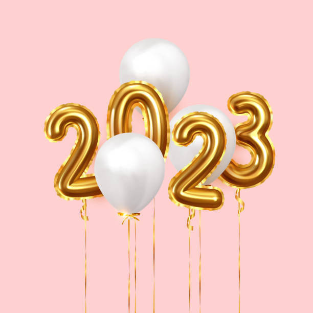 istock Happy New Year 2023. Background realistic golden balloons. Decorative design elements. Object render 3d ballon with ribbon. Celebrate party Poster, banner, greeting card. Festive Vector illustration. 1188135712