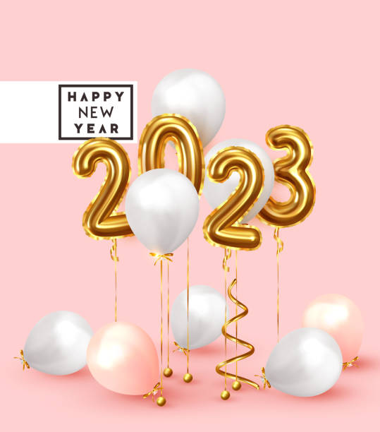 istock Happy New Year 2023. Background realistic golden balloons. Decorative design elements. Object render 3d ballon with ribbon. Celebrate party Poster, banner, greeting card. Festive Vector illustration. 1188135722