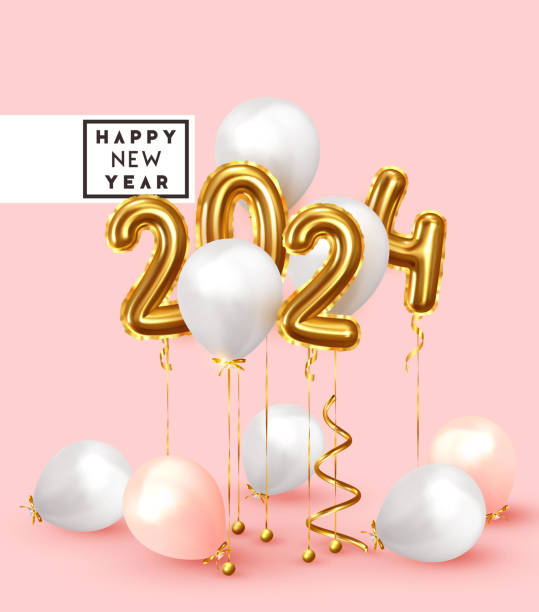 istock Happy New Year 2024. Background realistic golden balloons. Decorative design elements. Object render 3d ballon with ribbon. Celebrate party Poster, banner, greeting card. Festive Vector illustration. 1188135747
