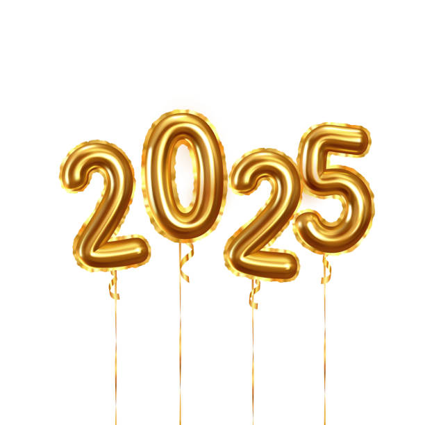 istock Happy New Year 2025. Background realistic golden balloons. Decorative design elements. Object render 3d ballon with ribbon. Celebrate party Poster, banner, greeting card. Festive Vector illustration. 1188135761