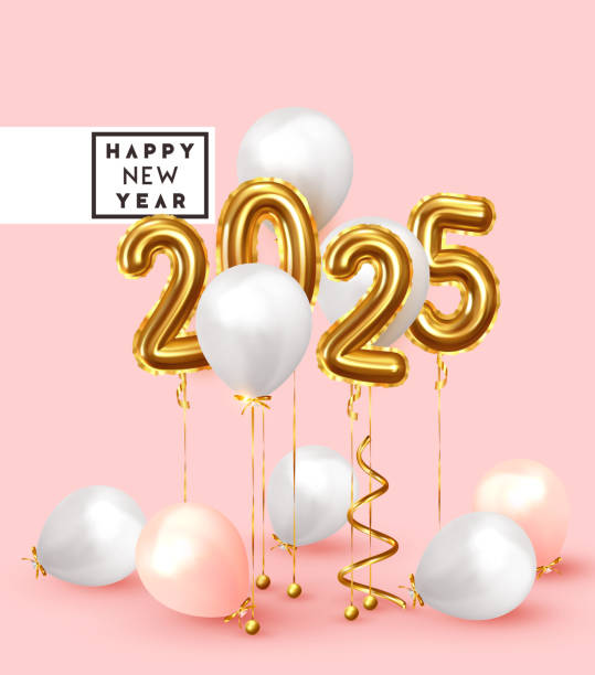 istock Happy New Year 2025. Background realistic golden balloons. Decorative design elements. Object render 3d ballon with ribbon. Celebrate party Poster, banner, greeting card. Festive Vector illustration. 1188135773