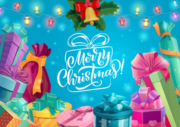 ilustraciones, imágenes clip art, dibujos animados e iconos de stock de regalos de navidad con campana de navidad, acebo y luces - vector bell christmas lights celebration