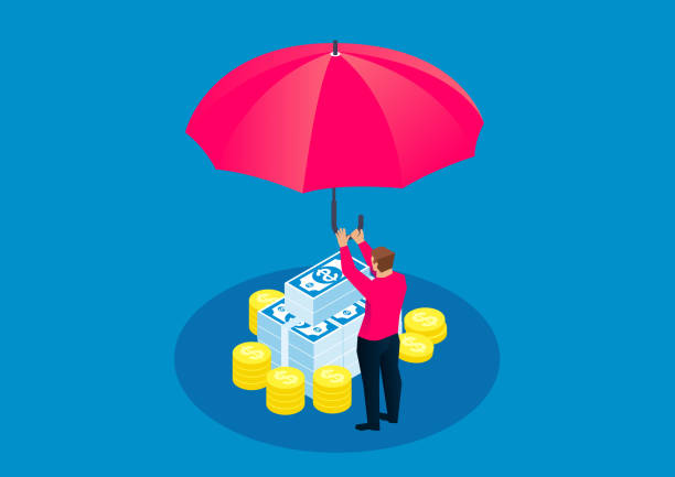 illustrations, cliparts, dessins animés et icônes de homme d'affaires retenant un parapluie énorme pour protéger l'argent - umbrella protection savings currency