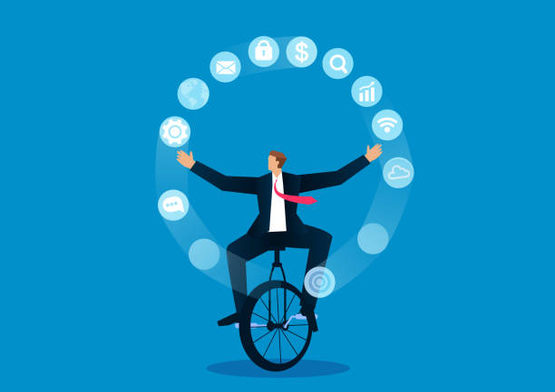 illustrazioni stock, clip art, cartoni animati e icone di tendenza di acrobati che eseguono acrobazie di icone commerciali - juggling efficiency skill businessman