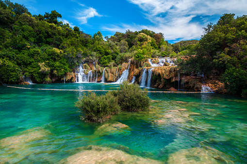 Fantastic mediterranean touristic destination with stunning Krka waterfalls, near Sibenik touristic resort, Dalmatia, Croatia, Europe