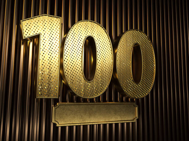 number 100 (number one hundred) perforated with small holes on the metal background. 3D illustration