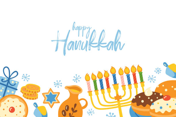 Jewish holiday Hanukkah cute banner design. Jewish holiday Hanukkah cute banner design. Childish print for cards, stickers and party invitations. Vector illustration chocolate gelt stock illustrations