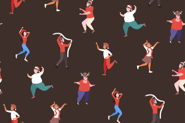 mix race people dancing having fun merry christmas happy new year holiday celebration corporate party concept seamless pattern horizontal full length mix race people dancing having fun merry christmas happy new year holiday celebration corporate party concept seamless pattern horizontal full length vector illustration fat humor black expressing positivity stock illustrations