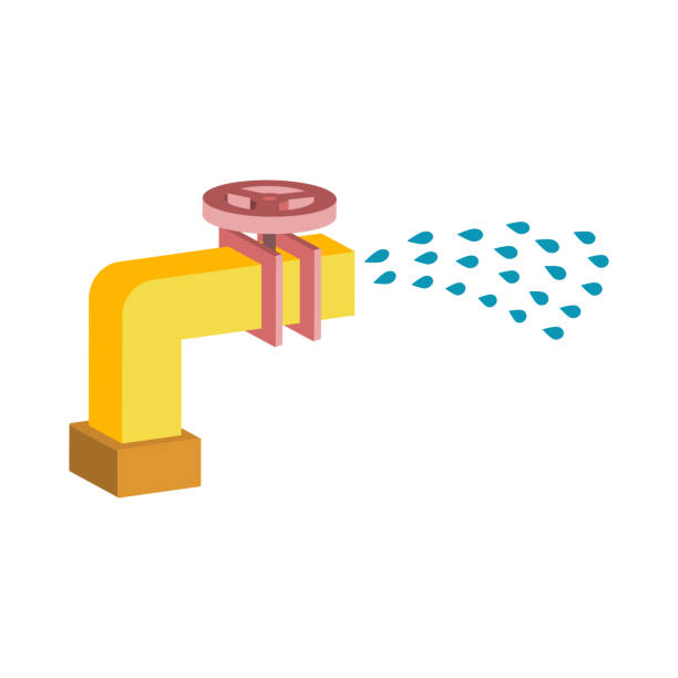 ilustrações de stock, clip art, desenhos animados e ícones de water pipe with open valve and spray of water.vector isometric and 3d view. - pipeline pipe valve three dimensional shape