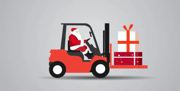 Vector illustration of santa claus driving forklift truck loading colorful gift present boxes delivery and shipping concept merry christmas happy new year winter holidays celebration horizontal sketch