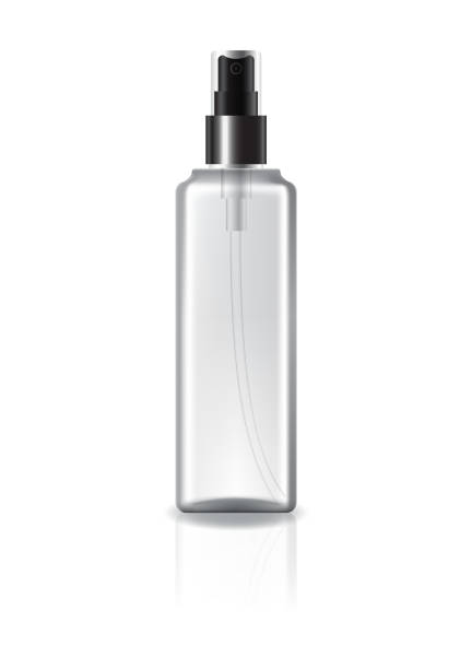 istock Clear square cosmetic bottle with spray head and black ring for beauty or healthy product. Isolated on white background with reflection shadow. Ready to use for package design. Vector illustration. 1188151353